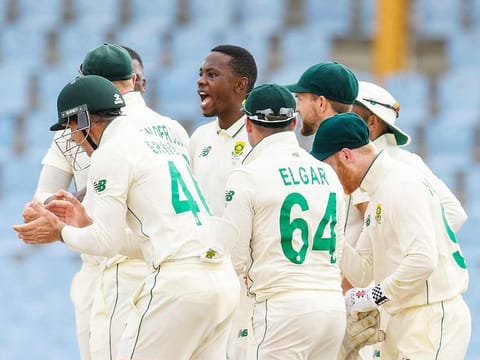 Kagiso Rabada (centre) of South Africa celebrates the dismissal of Kraigg Brathwaite of West Indies during day 2 of the 1st Test at Darren Sammy Cricket Ground, Gros Islet, Saint Lucia.