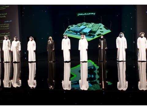 Dr Abdullah Belhaif Al Nuaimi, Minister of Climate Change and Environment, Pilot Staff Major General Sheikh Ahmed bin Tahnoun bin Mohammed Al Nahyan, Chairman of the National and Reserve Service Authority and other officials at the launch of Youth Food Security Stations Initiative.