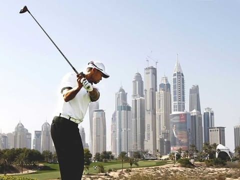 Tiger Woods on the Majlis Course at Emirates Golf Club.