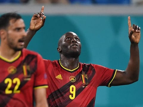 Belgium forward Romelu Lukaku celebrates after scoring the second goal.