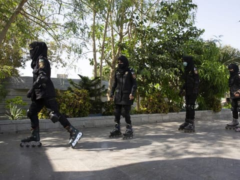 Female members of the Sindh Police’s in-line skating unit train in Karachi. The police in Karachi put 20 officers on in-line skates for counterterrorism patrols and to soften the force’s image.