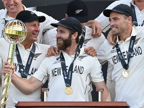 New Zealand skipper Kane Williamson (centre), flanked by Neil Wagner and Tim Southee after the win on Wednesday.