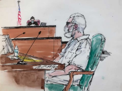 In this courtroom artist sketch Tahawwur Rana, appears during an extradition hearing in federal US court in Los Angeles on June 24, 2021.