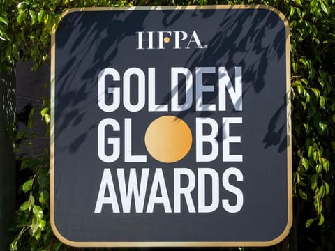 This file photo taken on February 23, 2021 shows a view of the HFPA Golden Globe Awards logo, part of a set up allowing the media to pre-tape their stand up at the Beverly Hills Hotel in Beverly Hills.