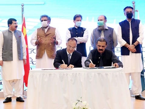 Pakistan’s Prime Minister Imran Khan witnessing the signing of MoUs in Gwadar on July 5, 2021.