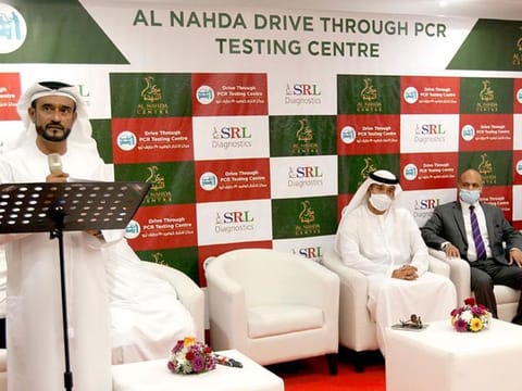 Shamsudheen Bin Mohideen, Founder and Chairman of the Regency Group for Corporate Management, speaks at the press conference announcing the new PCR testing service in Al Nahda Centre.