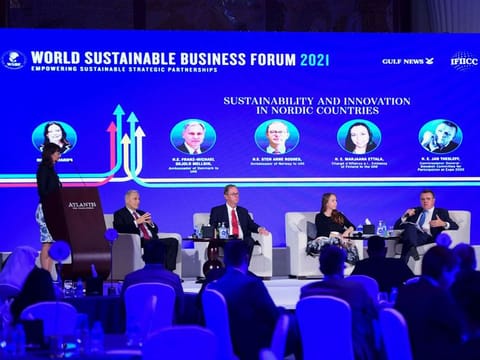 Left to Right: Franz-Michael Skjold Mellbin, Ambassador of Denmark to UAE, Sten Arne Rosnes, Ambassador of Norway to UAE, Marjaana Ettala, Chargé d’Affaires a.i., Embassy of Finland to the UAE, and Jan Thesleff, Commissioner General - Swedish Committee for Participation at Expo 2020 at the WSBF in Dubai on Monday.