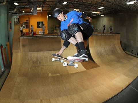 Professional skateboarder Tony Hawk skates his office ramp with other professional skateboarders as they use the internet and social network to broadcast their session to the world during the outbreak of the coronavirus disease (COVID-19) in Vista, California, U.S., May 8, 2020.