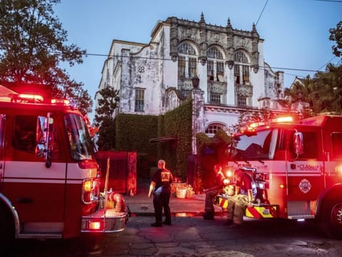 The New Orleans Fire Department respond to a fire in 1500 block of Harmony Street in New Orleans, Wednesday, July 21, 2021. The fire at Beyonce's Garden District mansion is being investigated as a possible arson.