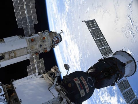 The Nauka (Science) Multipurpose Laboratory Module is seen docked to the International Space Station (ISS) next to Soyuz MS-18 spacecraft on July 29, 2021.