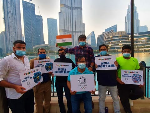 A group of Indian expats in the UAE celebrating their country's bronze medal win in hockey in the Tokyo Olympics 2020.
