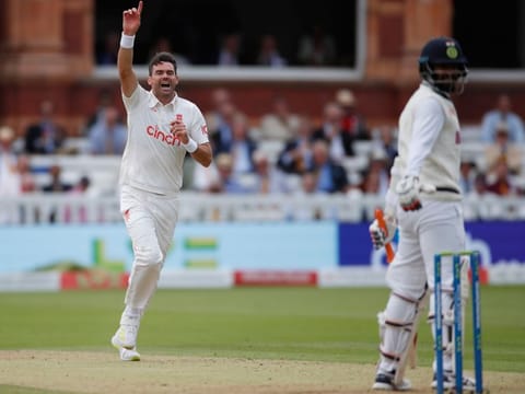 Veteran England seamer James Anderson celebrates the wicket of India's Jasprit Bumrah on the second day of Lord's Test match.
