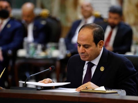 Egypt's President Abdul Fattah Al Sissi speaks during the Baghdad conference in the Iraqi capital on August 28, 2021.