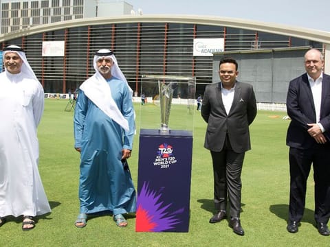 Sheikh Nahyan Bin Mubarak Al Nahyan, Minister of Tolerance and Coexistence and chairman of Emirates Cricket Board (ECB), Khalid Zarooni, vice-chairman of ECB, Jay Shah, secretary of BCCI and Geoff Allardyce of ICC pose with the T20 World Cup winners' trophy at the ICC headquarters in Dubai on Thursday.