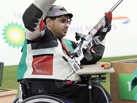 Veteran UAE shooter Abdulla Sultan Alaryani reacts after sealing his gold medal in Tokyo today.