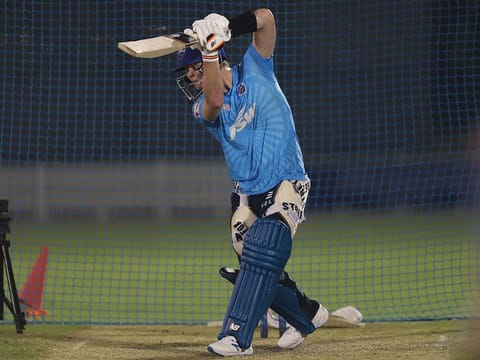 Steve Smith, former Australian captain, launches into a cover drive at Delhi Capitals' net session in Dubai.