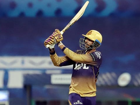 Venkatesh Iyer of the Kolkata Knight Riders in full flow against Mumbai Indians in Abu Dhabi.
