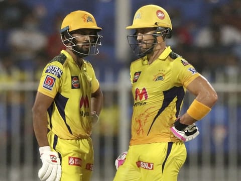 Ruturaj Gaikwad (left) and Faf du Plessis of the Chennai Super Kings during Match 35 of the Indian Premier League against the Royal Challengers Bangalore at the Sharjah Cricket Stadium on September 24, 2021.