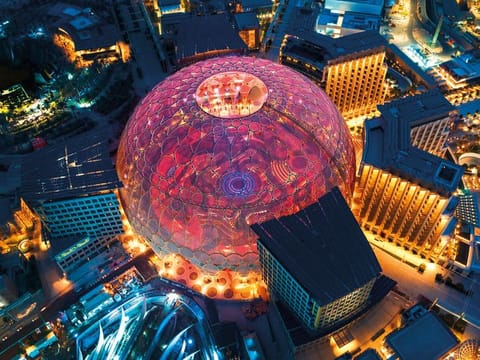 An aerial view of Al Wasl Plaza, the heart of Expo. It is home to the world’s largest 360-degree projection dome.