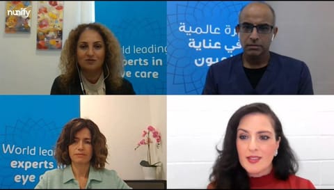 Clockwise: Dr Suhair Twaij, Consultant Ophthalmologist at Moorfields Eye Hospital Dubai; Dr Avinash Gurbaxani, Consultant Ophthalmic Surgeon in Uveitis and Medical Retinal Diseases and Cataract Surgery and Chief of Retina Service at Moorfields Eye Hospital Dubai; Sally Moussa, Gulf News moderator; and Dr Luisa Sastre, Specialist Ophthalmologist in Medical Retina and Cataract Surgery at Moorfields Eye Hospital Dubai