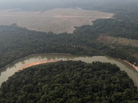 An aerial view shows a river and a deforested plot of the Amazon near Porto Velho, Rondonia State, Brazil