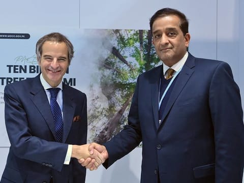 Pakistan PM’s Special Adviser on Climate Change Malik Amin Aslam with Director-General of the International Atomic Energy Agency (IAEA) Rafael Mariano Grossi at COP26 UN climate summit in Glasgow on November 2, 2021.