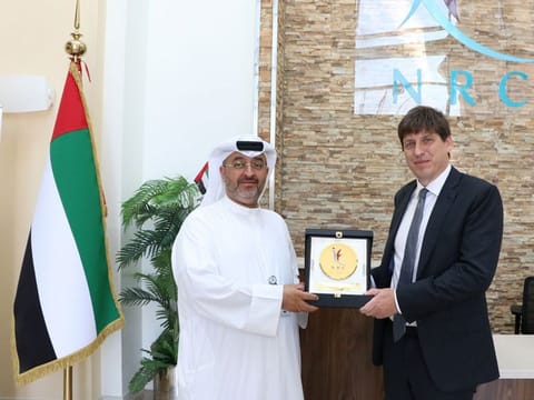 Dr Hamad Al Ghafri, NRC’s director-general (L) with Patrick Moody, British Ambassador to the UAE, on the sidelines of the workshop at NRC in Abu Dhabi on Monday