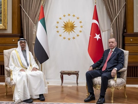 Sheikh Mohamed Bin Zayed Al Nahyan (left) and President of the Republic of Turkey, Recep Tayyip Erdogan, in Ankara on Wednesday