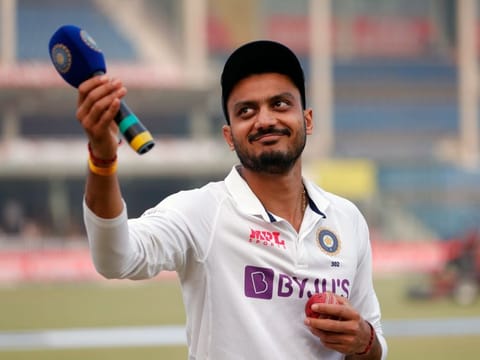 India's Axar Patel during a post-match presentation after Day-3 of the 1st Test match between India and New Zealand, at Green Park International Stadium, in Kanpur.