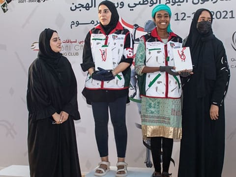 Khawla Al Balooshi and Hakima Ghaith took part in the camel marathon at Dubai Camel Racing Club’s Al Marmoom Race Track today..