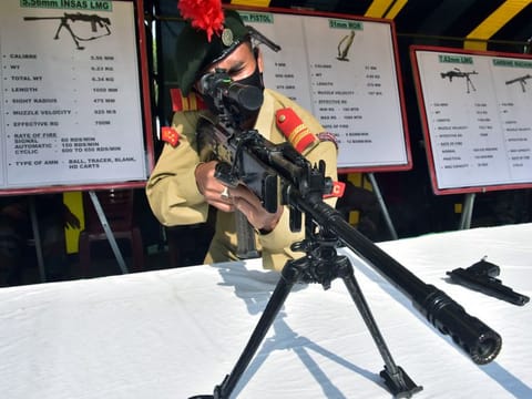 A National Cadet Corps (NCC) Cadet looks through the INSAS rifles at the Indian Arms display during 73rd National Cadet Corps Raising Day celebrations, at Fort William, in Kolkata. The 7.62 X 39 mm caliber AK-203 Rifles will replace in-service INSAS Rifle inducted over three decades ago. AK-203 Assault Rifles, with an effective range of 300 meters, are light weight, robust and easy to use Modern Assault Rifles with proven technology that will enhance the combat potential of soldiers to adequately meet present and envisaged operational challenges.