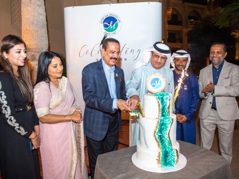 (Left to Right) Alisha Moopen, Deputy Managing Director, Aster DM Healthcare, Naseera Azad, wife of Dr Azad Moopen, Dr Azad Moopen , Founder Chairman & MD , Aster DM Healthcare, Jamal Majed Khalfan Bin Theniyah, Chairman of Emaar, Shamsusdheen Bin Mohideen- Chairman at Regency Group & Director, Aster DM Heathcare and TJ Wilson , Executive Director & Group Head - Governance and Corporate Affairs , Aster DM Healthcare, as Aster DM Healthcare celebrates its 35th Foundation Day in Dubai on Saturday.