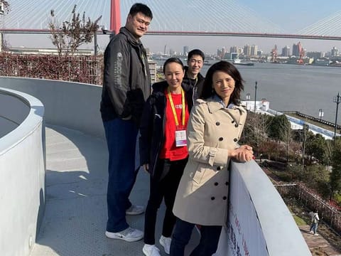 Chinese tennis player Peng Shuai, former NBA basketball player Yao Ming, sailboat racer Xu Lijia and retired Chinese table tennis player Wang Liqin are seen at an event in Shanghai, China