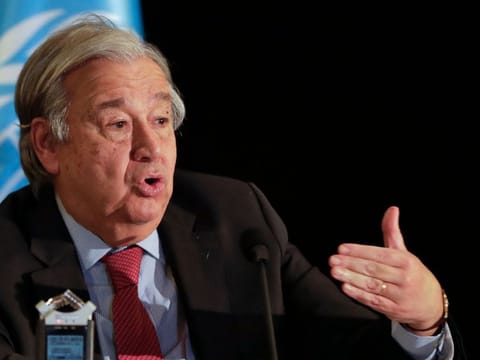 UN Secretary-General Antonio Guterres attends a press conference at the end of his visit to crisis-ridden Lebanon, in the capital Beirut on December 21, 2021.
