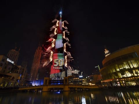 The fireworks display on Burj Khalifa of New Year's Eve celebrates the UAE Golden Jubilee.