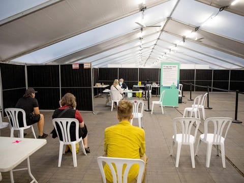 File photo: A pop-up vaccination center set-up in Faelledparken, amid COVID-19) outbreak, in Copenhagen.