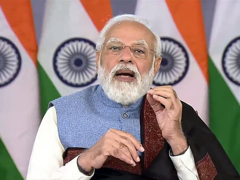 Prime Minister Narendra Modi speaking during a meeting with chief ministers to review the COVID situation in their respective states, in New Delhi on January 22, 2022.
