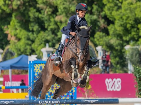 UAE rider Abdalla Al Kirbi in action on the opening day of Fatima Bint Mubarak Ladies Sports Academy (FBMA) International Showjumping Cup 2022 on Friday.