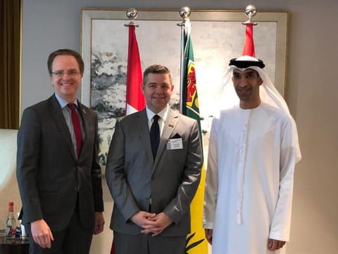 (From right) UAE Minister of Foreign Trade Dr Thani Bin Ahmed Ali Zeyoudi; Saskatchewan Minister of Trade and Export Development Jeremy Harrison and Jean-Philippe Linteau, Consul General of Canada in Dubai and the Northern Emirates, during the opening ceremony of the Saskatchewan Trade and Investment office in Dubai.
