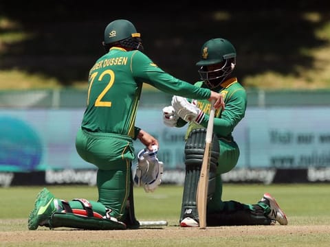 Marathon effort: South Africa's skipper Temba Bavuma (right) and Rassie van der Dussen, both centurions, during their 204-run partnership in the first ODI against India.
