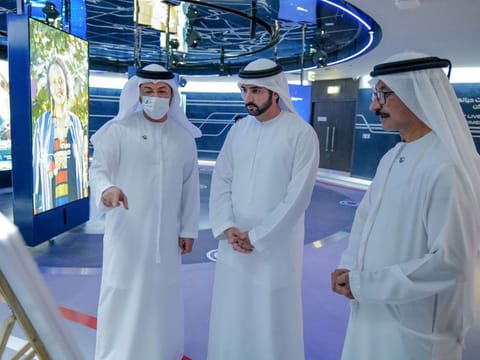 Sheikh Hamdan bin Mohammed during his visit to the DP World Pavilion at Expo 2020 Dubai on Friday. Sultan Ahmed Bin Sulayem Group Chairman and CEO of DP World briefed him on the occasion.