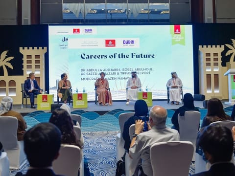Abdullah AlShaikh (extreme right), Isobel Abulhoul, Saeed Al Nazari (second from right) and Tiffany Delport during the session titled 'Careers of the Future', on the first day of Emirates Airline Festival of Literature 2022, at Hilton in Al Habtoor City, Dubai.