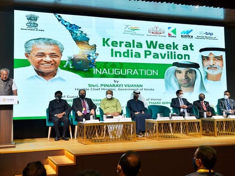 Pinarayi Vijayan addresses the gathering in the presence of Dr Thani Bin Ahmed Al Zeyoudi, P. Rajeev and other dignitaries during the inauguration of Kerala Week at Expo 2020 Dubai.