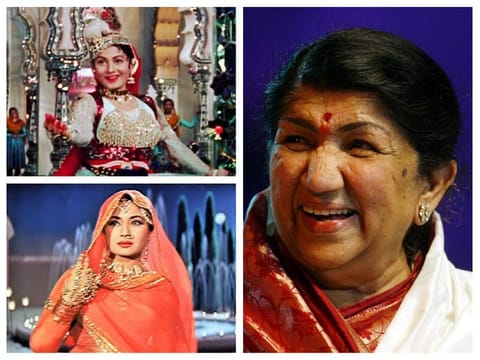 Lata Mangeshkar (right), with stills of two songs that she crooned. The top one features Madhubala in 'Pyar Kiya to Darna Kya' from 'Mughal-E-Azam', while the second shows Meena Kumari in 'Chalte Chalte' from 'Pakeezah'.