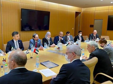 The UAE delegation (L) and Israeli hosts (R) in Tel Aviv on Monday