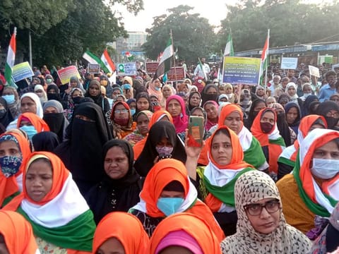 Members of Tamil Nadu Thowheed Jamath stage a protest in favour of hijab (headscarf), in Chennai on Tuesday.