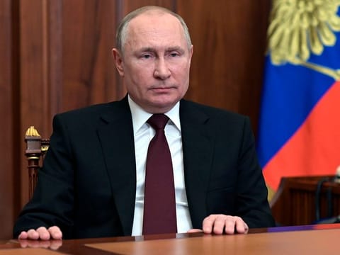 Russian President Vladimir Putin addresses the nation in the Kremlin in Moscow, Russia, Monday, Feb. 21, 2022.