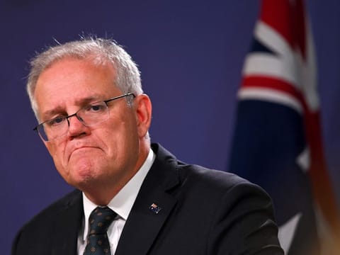 Australia's Prime Minister Scott Morrison speaks to the media to announce sanctions on top Russian officials following the invasion of eastern Ukraine, during a press conference in Sydney on February 23, 2022.