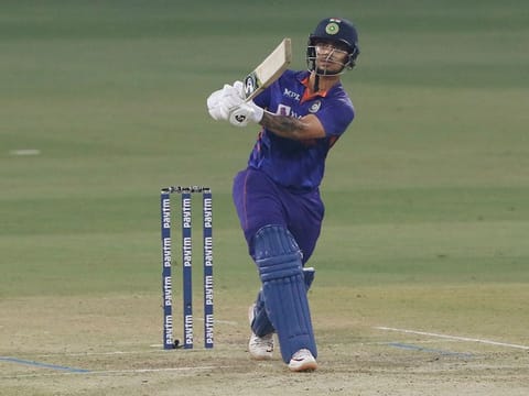 Ishan Kishan plays a lofted shot over the midwicket during his knock of 89 against Sri Lanka in Lucknow on Thursday.