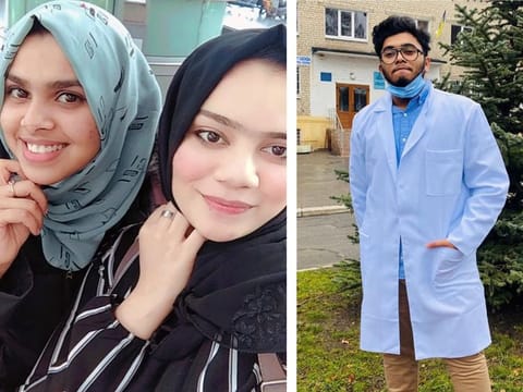 Students Ashna Shahansha (extreme left), Fathima Nujum and Muhammed Adil who flew back to the UAE from Ukraine.